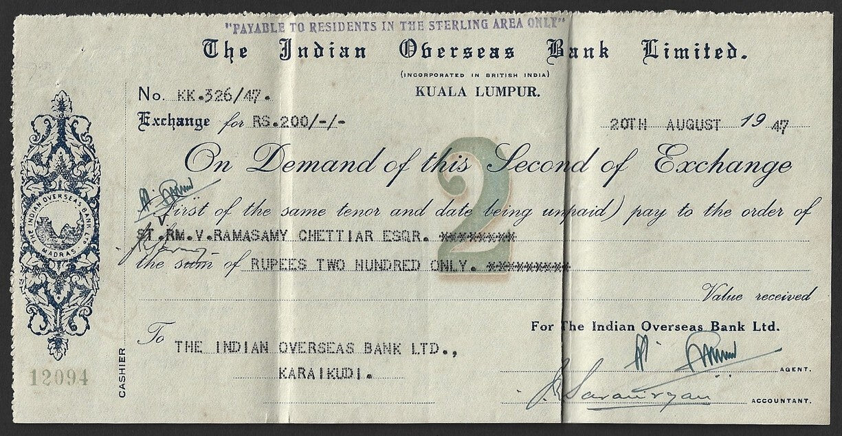 Malaya Indian Overseas Bank, Kuala Lumpur 1947 check cheque