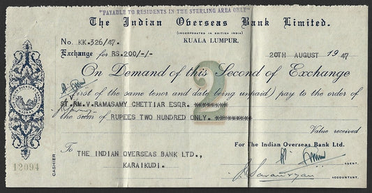 Malaya Indian Overseas Bank, Kuala Lumpur 1947 check cheque