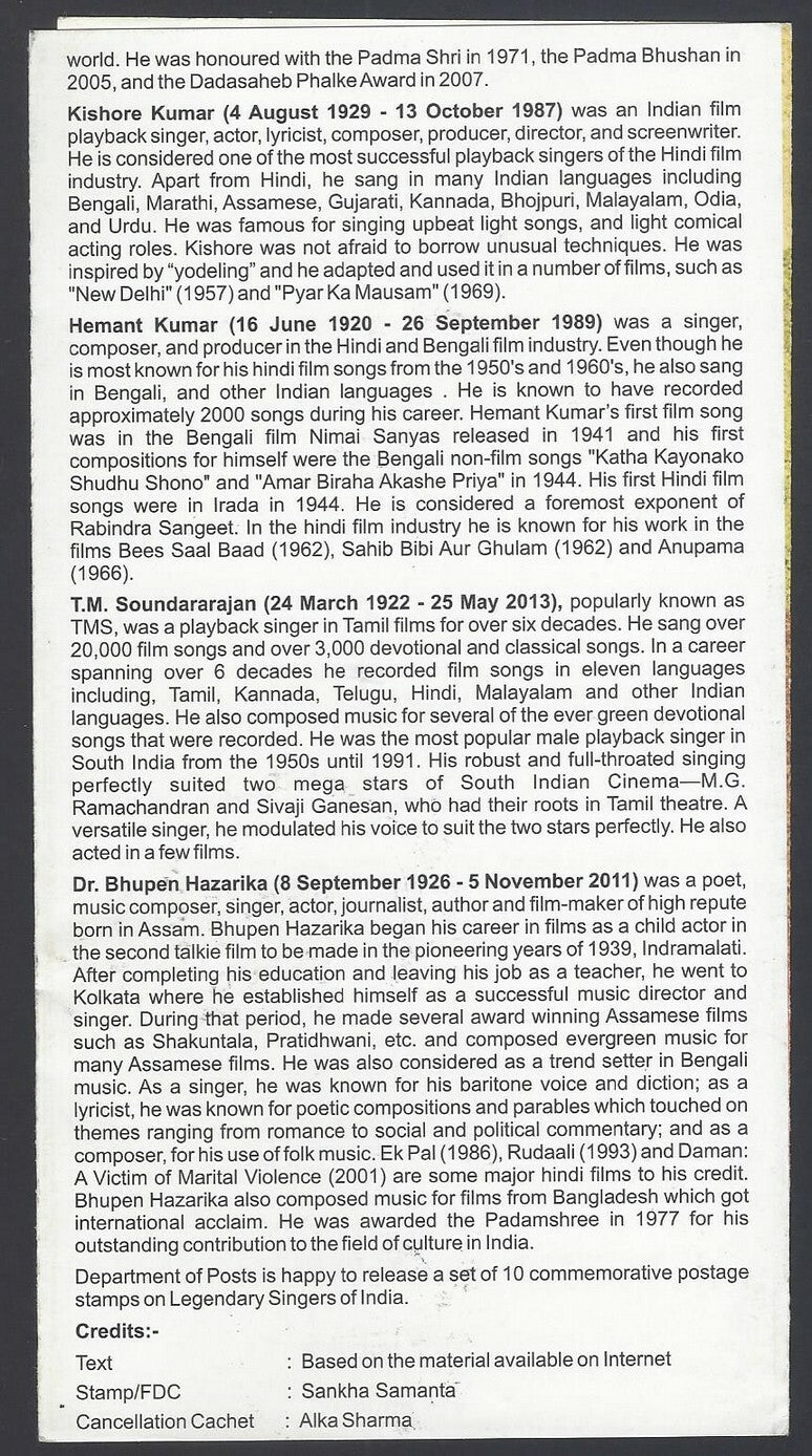 India 2016 Legendary Singers of India used brochure