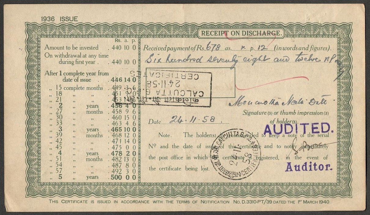 (AOP) India 1936 Post Office 5 Year Cash Certificate 500R