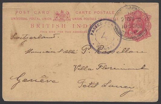 India KEdVII 1a red postcard to Switzerland with dc censor