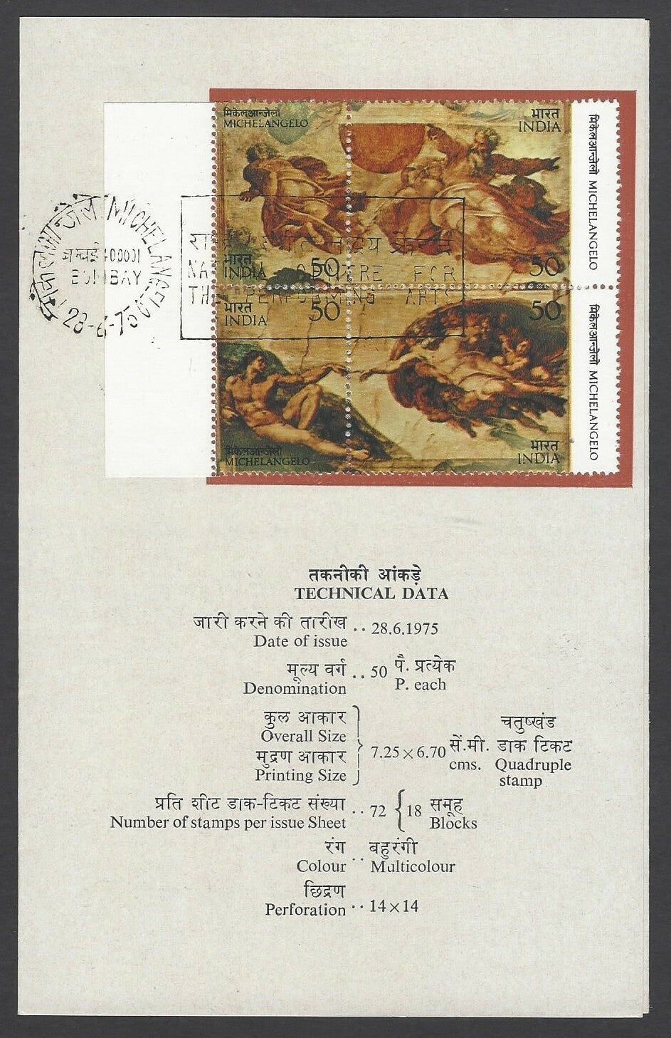India 1975 MICHELANGELO se-tenant set of 4 used brochure