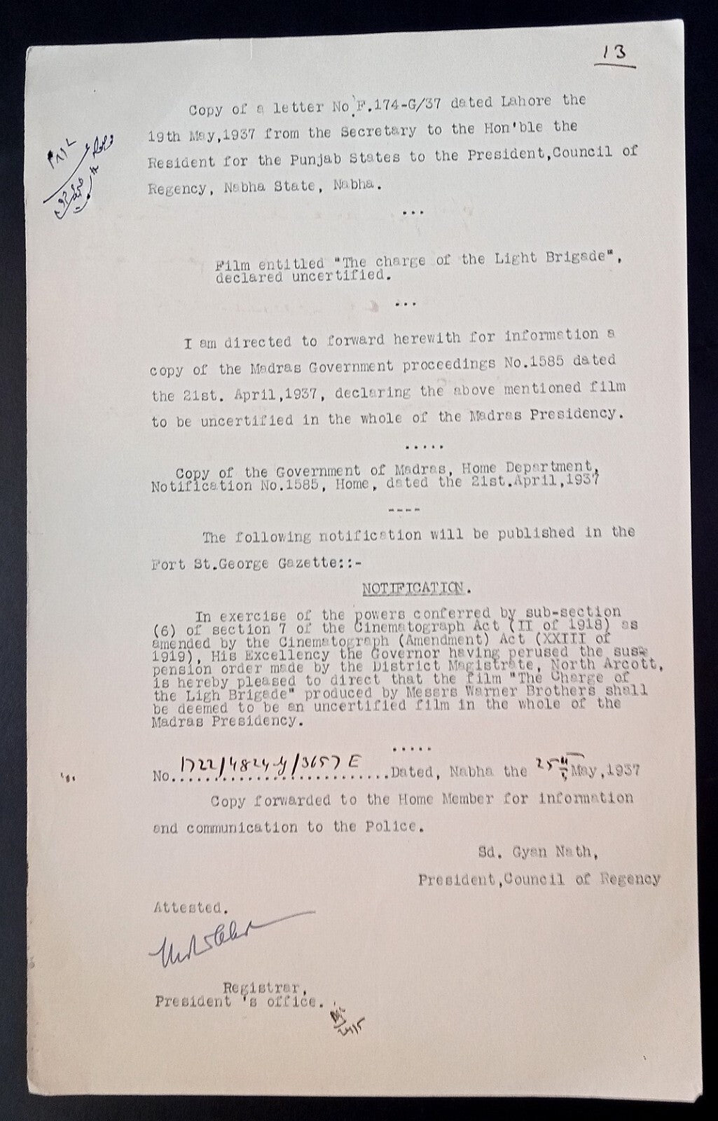 India 1940 Official Order BANNING movie CHARGE OF THE LIGHT BRIGADE Warner Bros