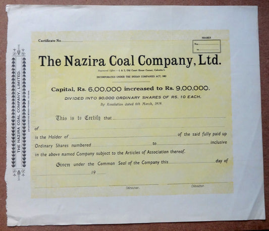 India The Nazira Coal Company, Ltd. vintage share certificate