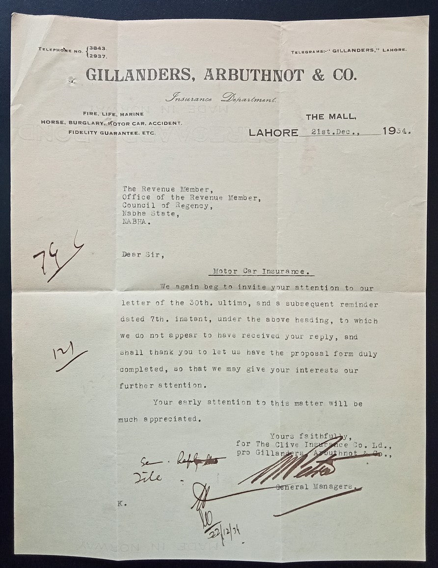 India Gillanders, Arbuthnot & Co., Lahore letterhead 1918 Motor Car Insurance