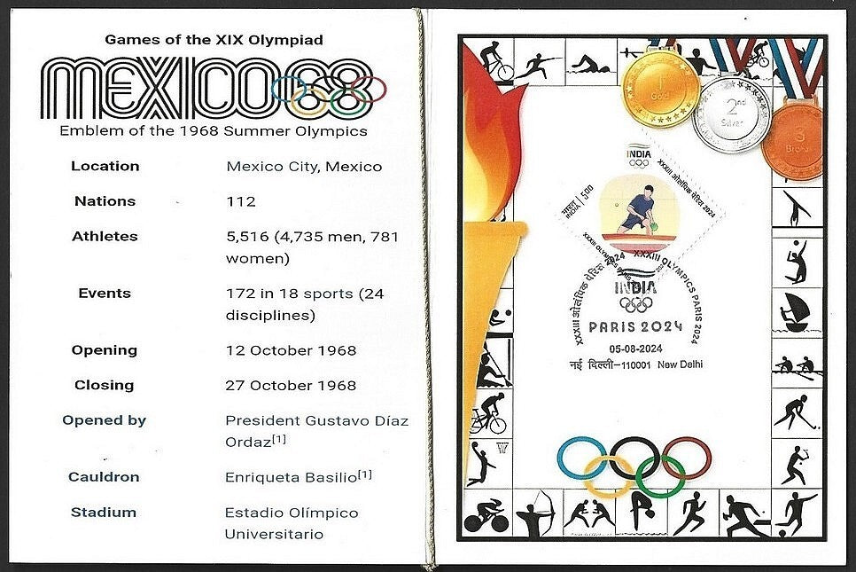 India 2024 Paris Olympics souvenir with 1968 Mexico Olympics cachet