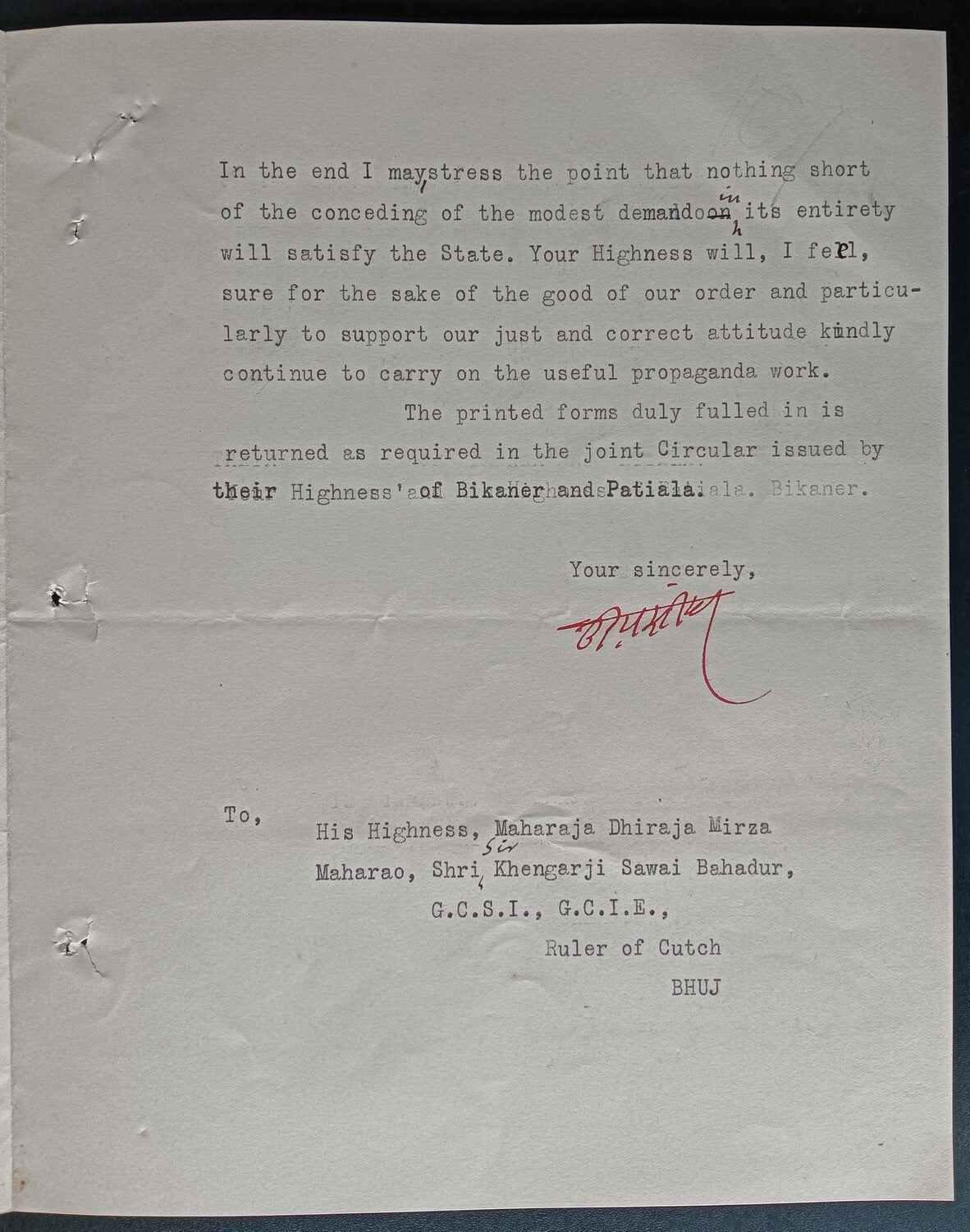 India 1932 crested letter signed RAJA of JHABUA STATE Udai Singh