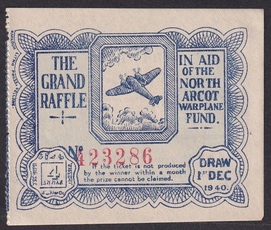 India WW2 1940 North Arcot ARPLANE FUND 4a Raffle note