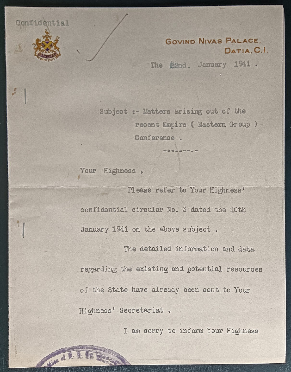 Datia State India 1941 crested letter signed MAHARAJA Govind Singh