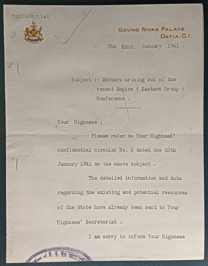 Datia State India 1941 crested letter signed MAHARAJA Govind Singh
