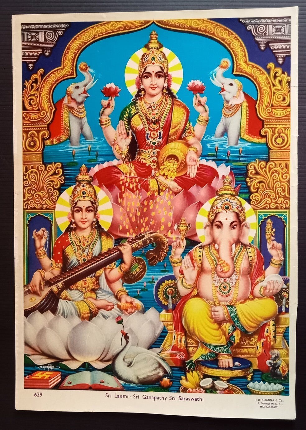 India vintage poster Sri Ganapathy Sri Saraswathi 10"x14" inches by J B Khanna