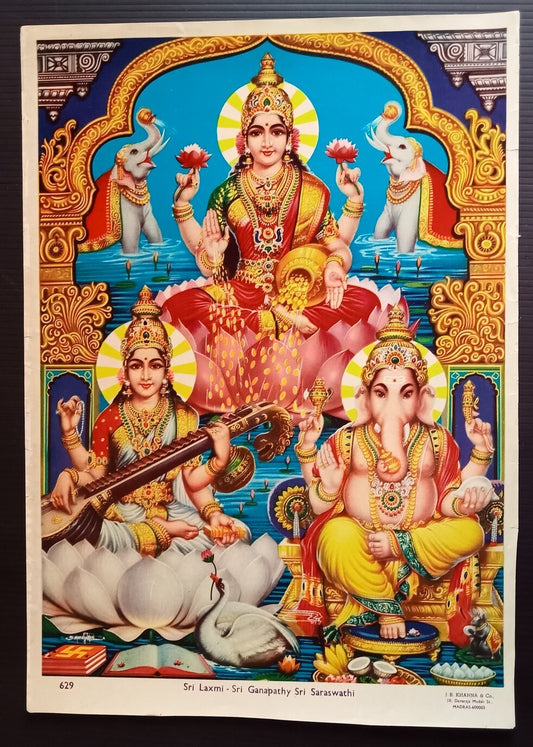 India vintage poster Sri Ganapathy Sri Saraswathi 10"x14" inches by J B Khanna