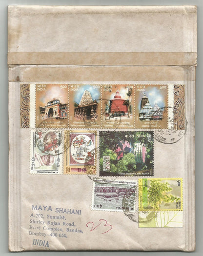 India 2003 Temple strip of 4 on RTS padded cover to France & back