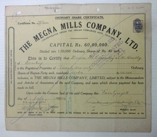 India 1944 Megna Mills ordinary share certificate