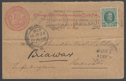 AOPIMT Belgium 5th Annual Official Trade Fair postcard used 1924 to India 