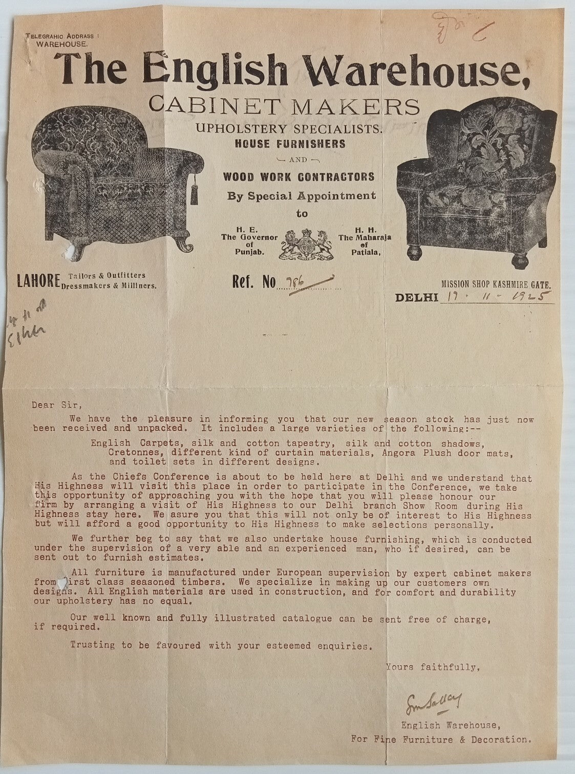 India 1925 illus letterhead CABINET MAKERS UPHOLSTERY spc HOUSE FURNISHERS Delhi