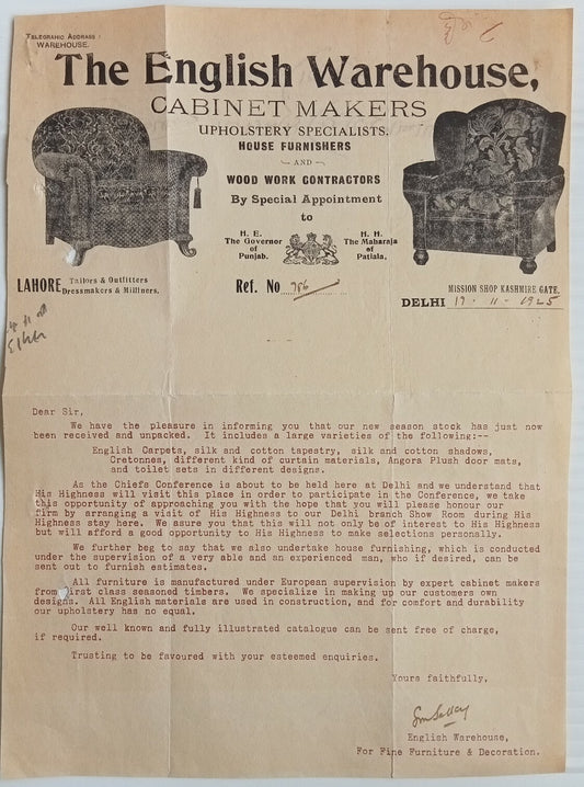 India 1925 illus letterhead CABINET MAKERS UPHOLSTERY spc HOUSE FURNISHERS Delhi