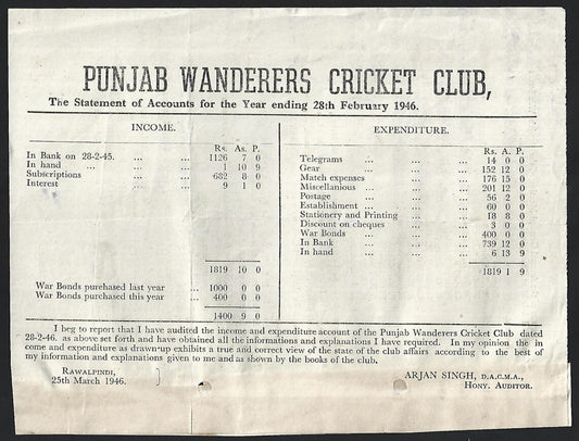 India - PUNJAB WANDERERS CRICKET CLUB 1946 AGM leaflet