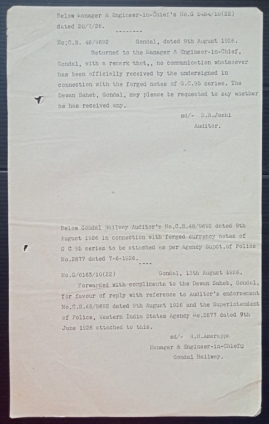 (AOP) India 1926 Official correspondence about FORGED CURRENCY