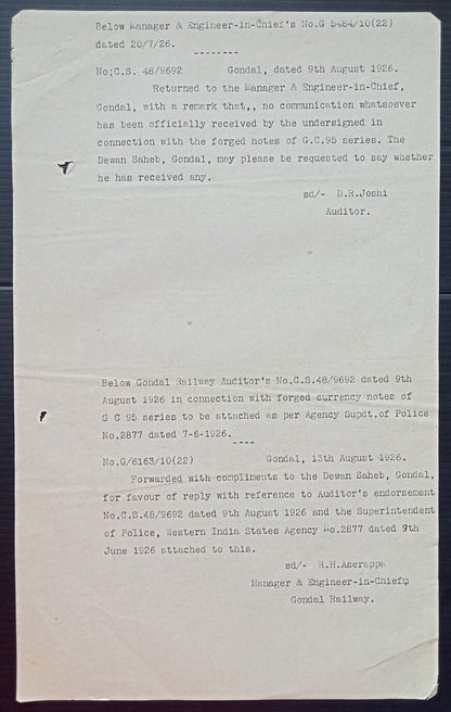(AOP) India 1926 Official correspondence about FORGED CURRENCY