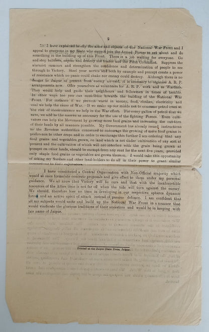 (AOP) India 1942 National War Front speech by The Maharaja of Jaipur