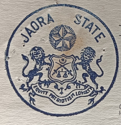 India 1946 crested letter JAORA STATE signed Chief Minister