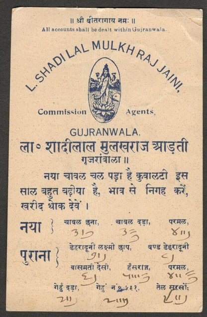 (AOP) India KGVI 1939 GUJRANWALA advertisement postcard NEW RICE