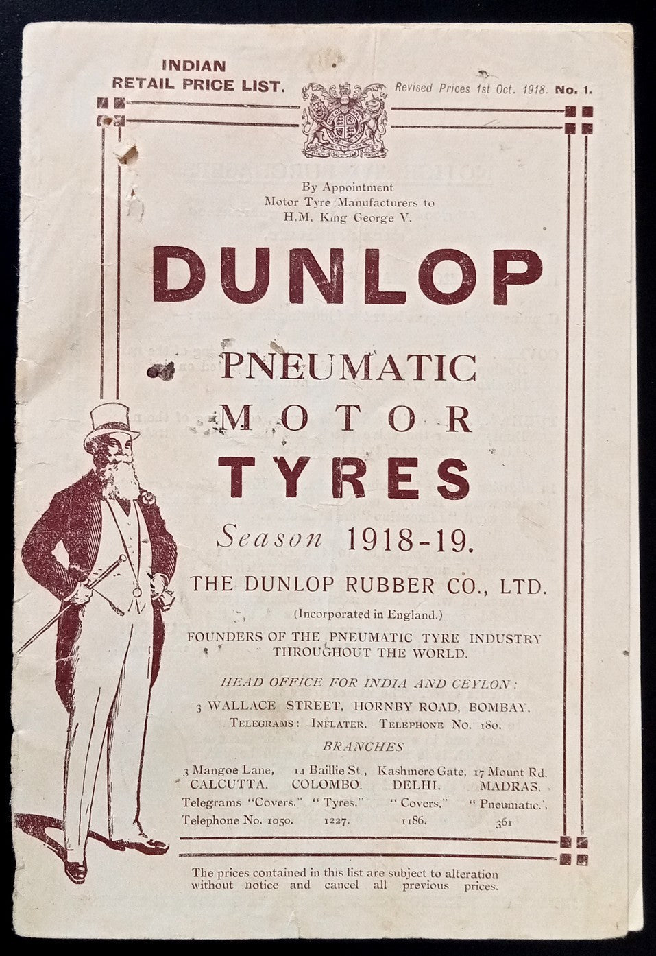 India 1918-19 DUNLOP PNEUMATIC MOTOR TYRES Retail Price List