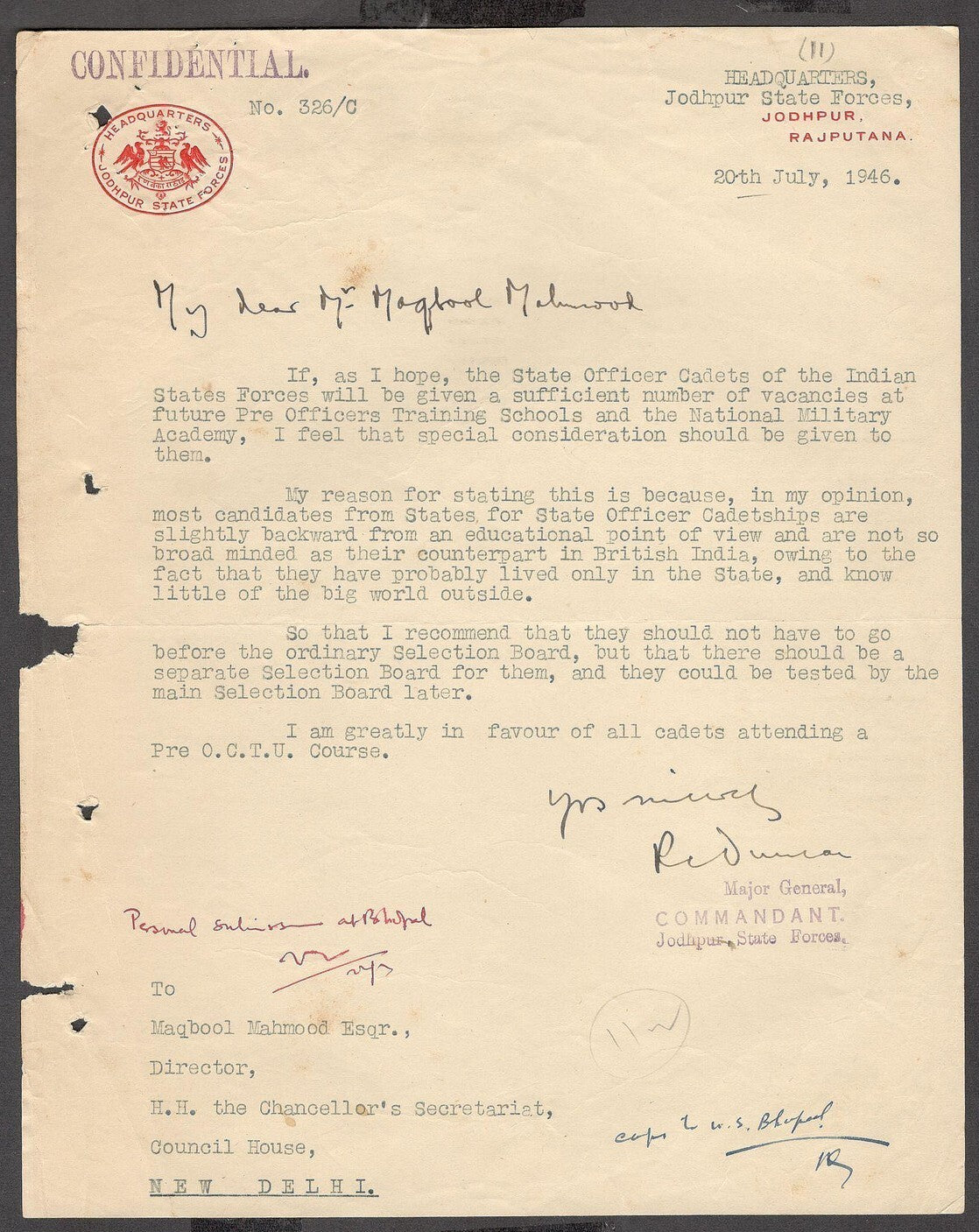 India 1946 crested letter HEADQUARTERS * JODHPUR STATE FORCES