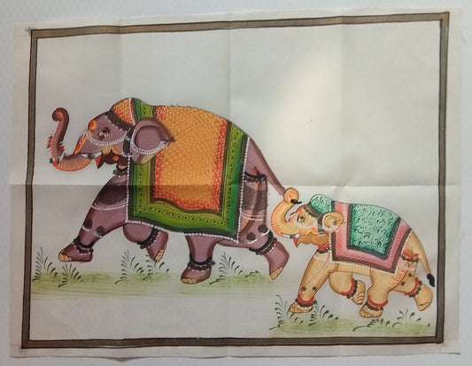 India vintage hand painting on cloth BABY ELEPHANT & MOTHER 9 x 12 inches