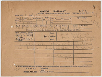 India Maharaja of Kaputhala KCIE congratulatory telegram & signed reply