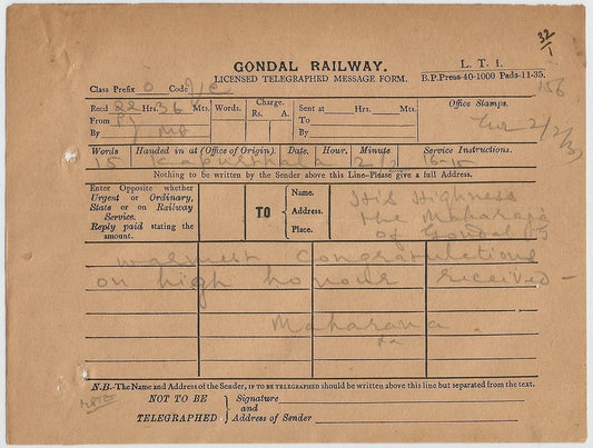 India Maharaja of Kaputhala KCIE congratulatory telegram & signed reply