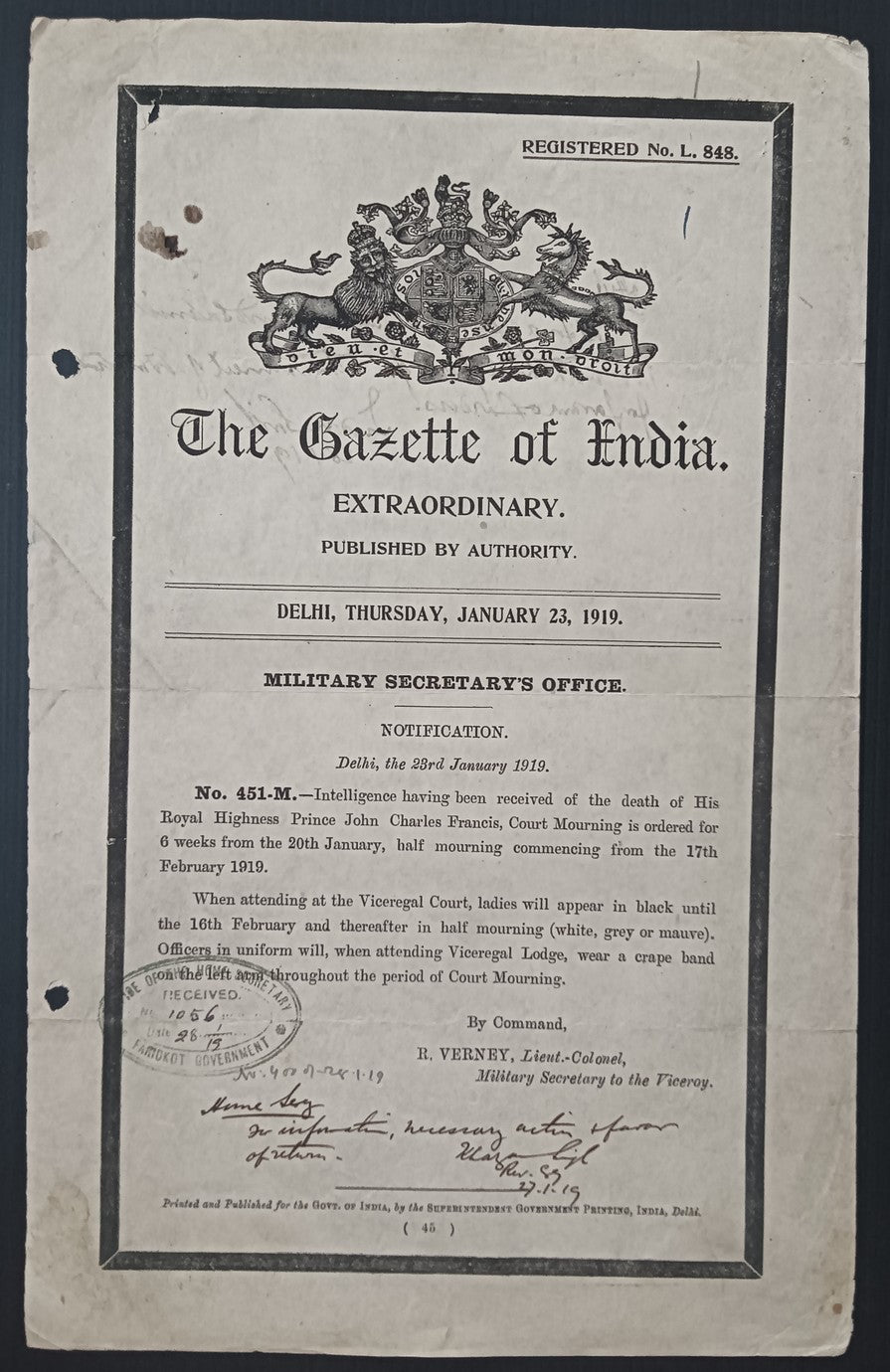 The Gazette of India 6 weeks mourning orders - death of Prince John Francis