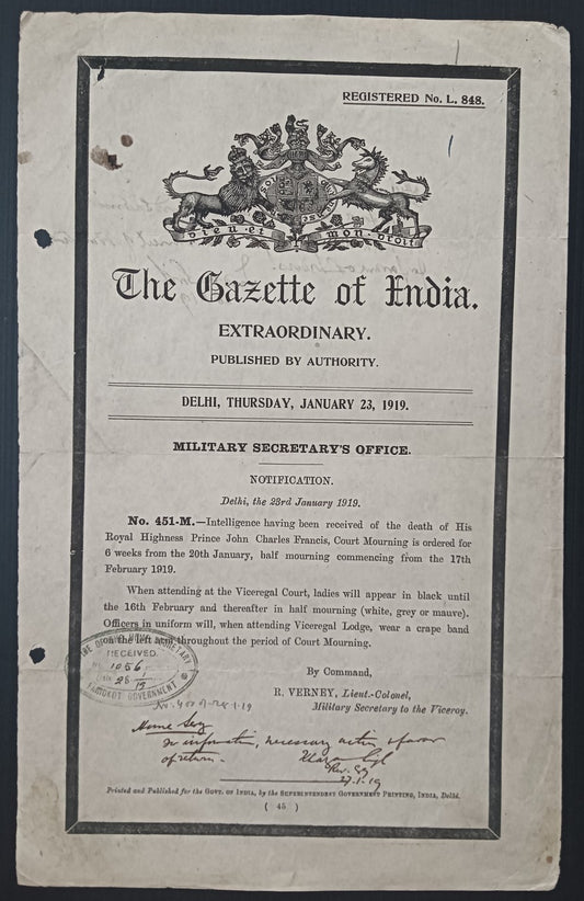 The Gazette of India 6 weeks mourning orders - death of Prince John Francis