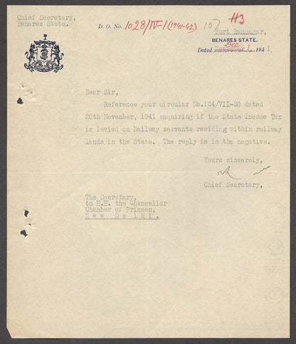 India 1941 crested letter BENARES STATE signed Chief Secretary