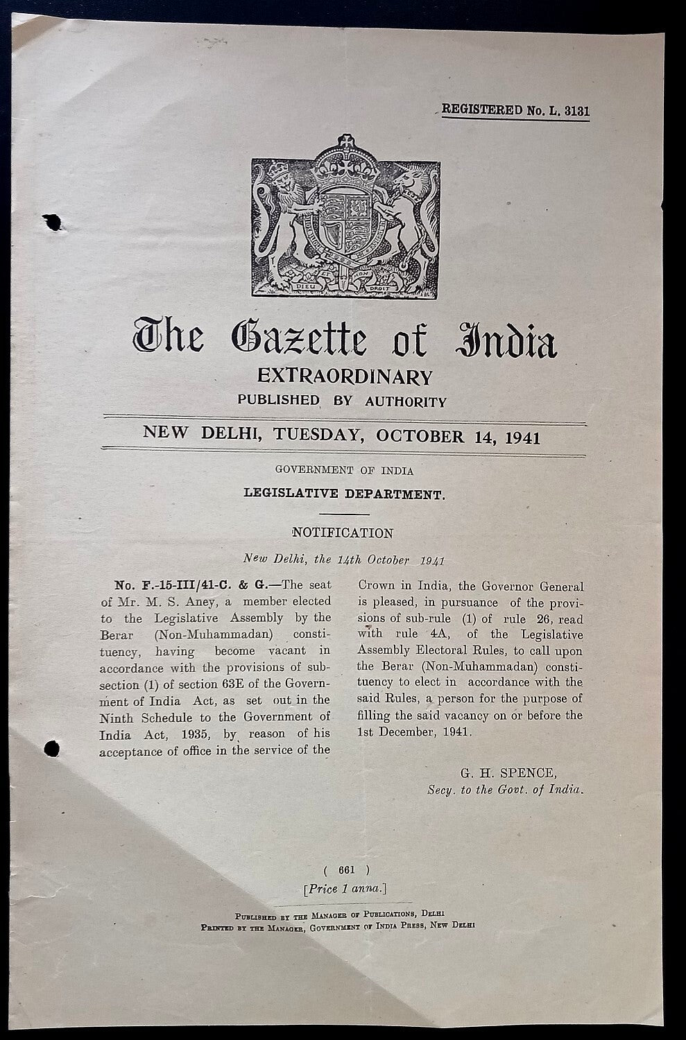 Gazette of India 1941 notifying a Berar (Non-Muhammadan) Constituency Election