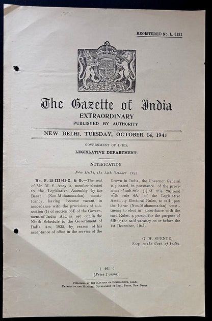 Gazette of India 1941 notifying a Berar (Non-Muhammadan) Constituency Election