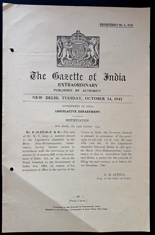 Gazette of India 1941 notifying a Berar (Non-Muhammadan) Constituency Election