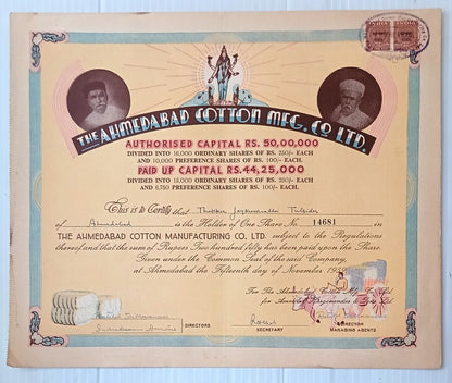 AOP India 1959 share certificate The Ahmedabad Cotton MFG. Co. Ltd