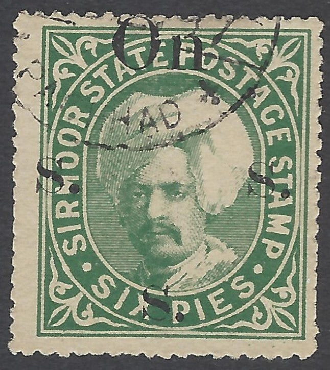 AOP India Sirmoor State 1896-97 Official 6p green used. SG 67a £11
