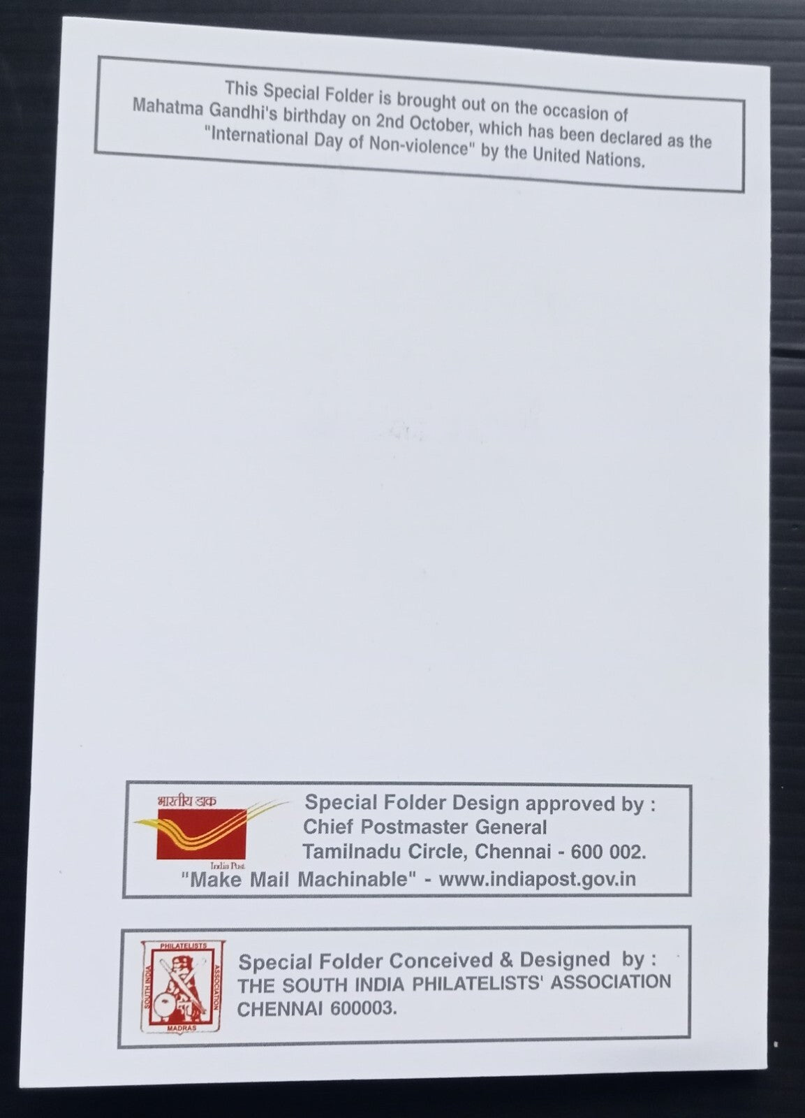 India 2009 International Day of Non Violence Special Folder with hologram