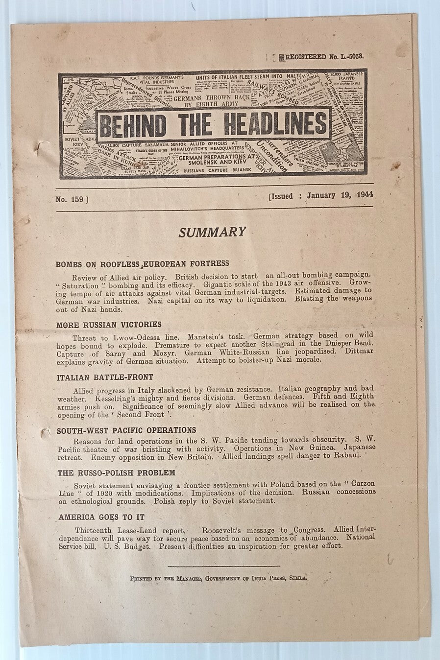 AOP India 1944 WW2 Propaganda rag BEHIND THE HEADLINES AIR WAR IN THE WEST 8pgs	