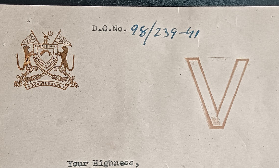 India BAONI STATE crested letter with V (Victory) hs signed Nawab of Baoni