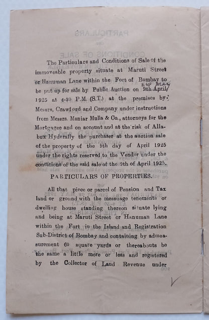 BOMBAY, India 1925 Hanuman Lane, Fort Property Auction doc wi KGV revenue stamp