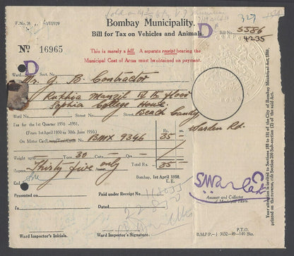 AOP India 1950 Bombay Muncipality embossed Bill for Tax on Vehicles