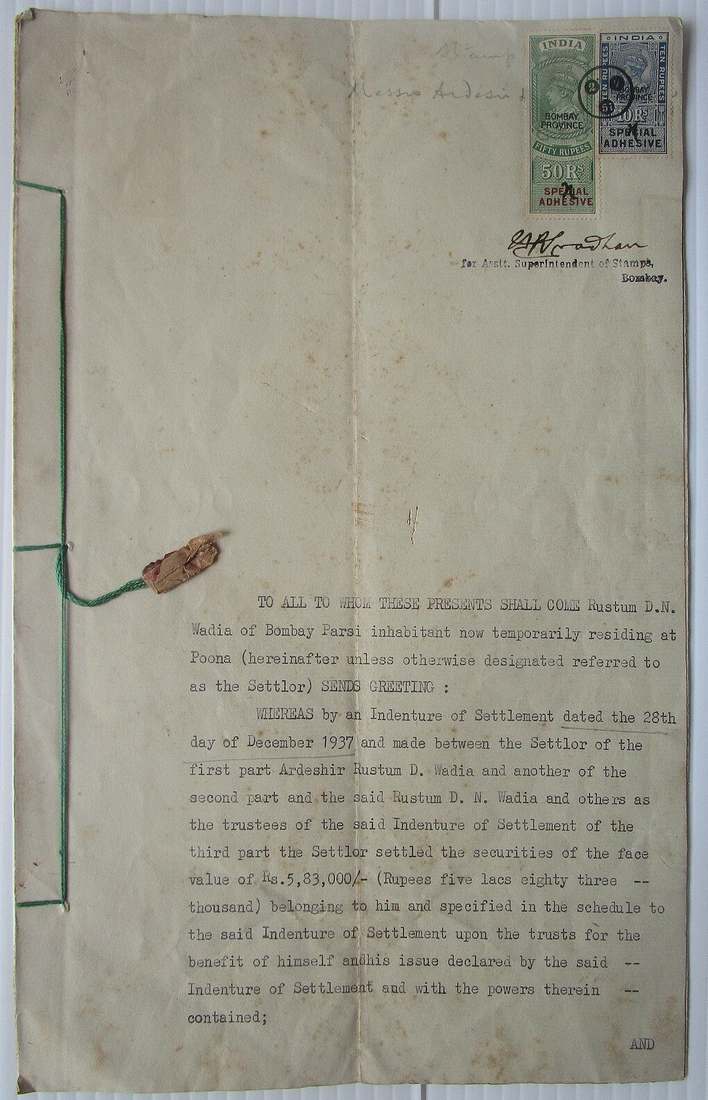 India 1951 document signed D N Wadia Geologist with KGVI 50R etc.