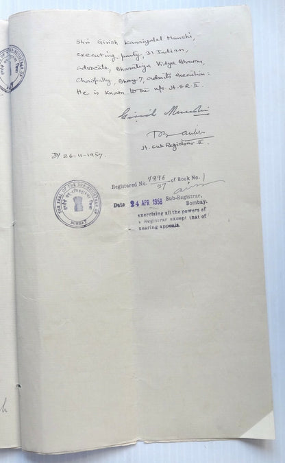 India 1957 Agreement signed Lilavati Munshi Freedom Fighter & Gandhi Associate