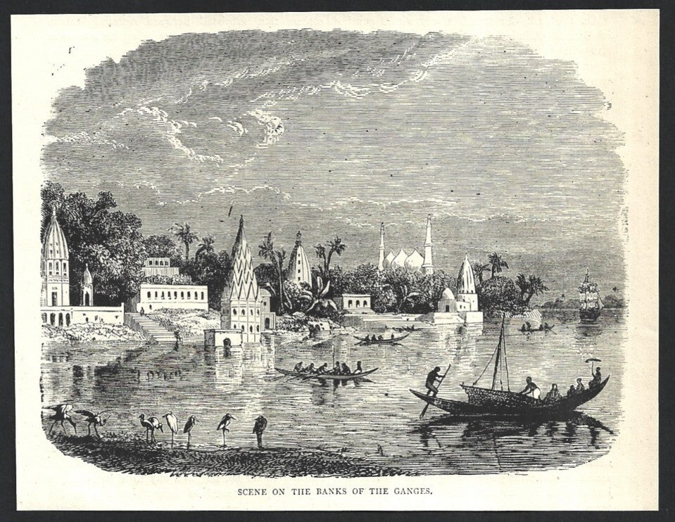 India SCENE ON THE BANKS OF THE GANGES engraved print - Rousslet 1876 6.5"x5"