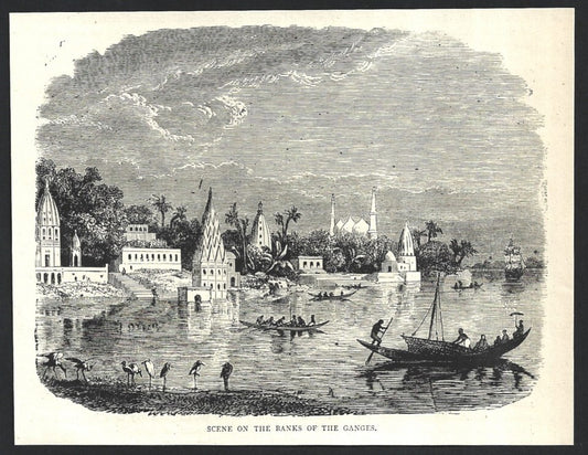 India SCENE ON THE BANKS OF THE GANGES engraved print - Rousslet 1876 6.5"x5"