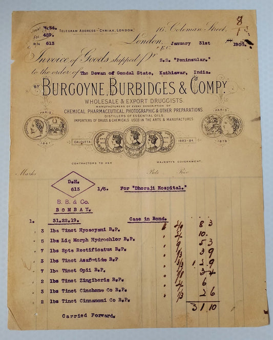 AOP 1900 BURGOYNE, BURBIDGES & CO. London illustrated billhead for Gondal India